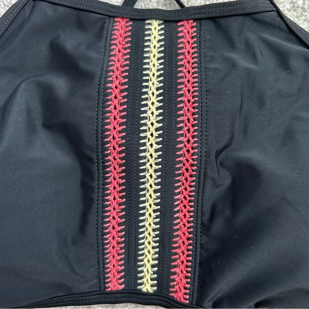 TRUE CRAFT Women’s Halter Bikini Top Black Red/Yellow Boho Embroidery Detail‎ L